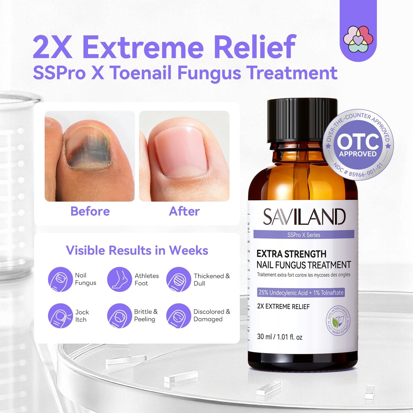 SAVILAND Toenail Fungus Treatment Extra Strength FSA-HSA: 25% Undecylenic Acid & 1% Tolnaftate Nail Fungus Treatment 2X Extreme Nail Repair for Discolored Thick Yellow Damaged Nails 2 fl oz