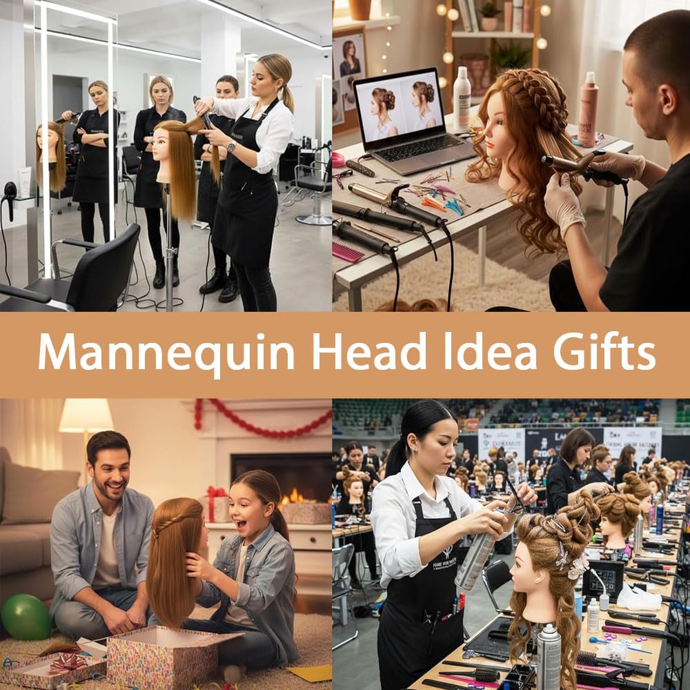 Real Hair Mannequin Head - 18” Brown Cosmetology Training Doll with Clamp & Styling Tools