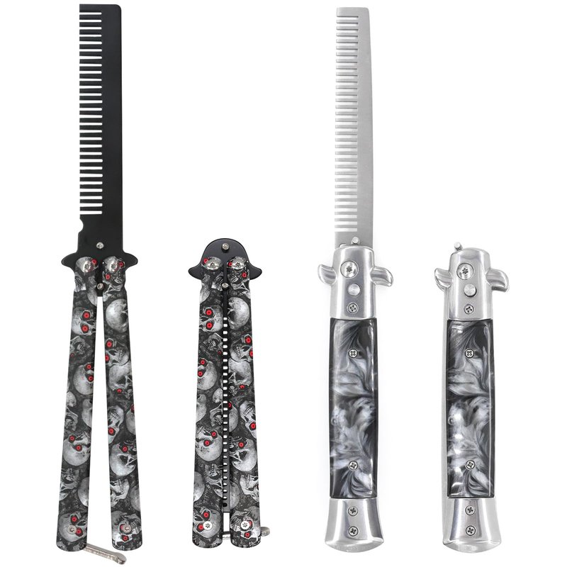 Automatic Switch Folding Practice Combs, Stainless Steel Butterfly Comb, Outdoor Training Pocket Combs, Hair Brush for Beard, Mustache