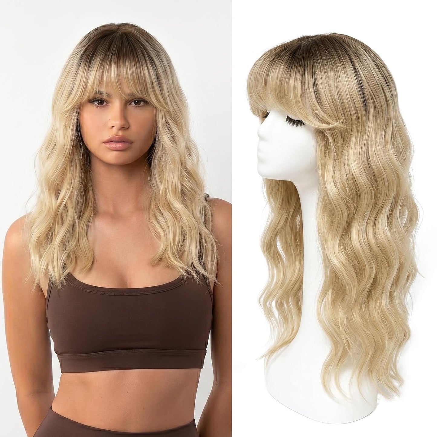 360 3D Hair Toppers for Women - Big Base Clip-In Hair Pieces, 20-Inch Long Wavy Style with French Bangs | 7x7 Inches Synthetic Fiber