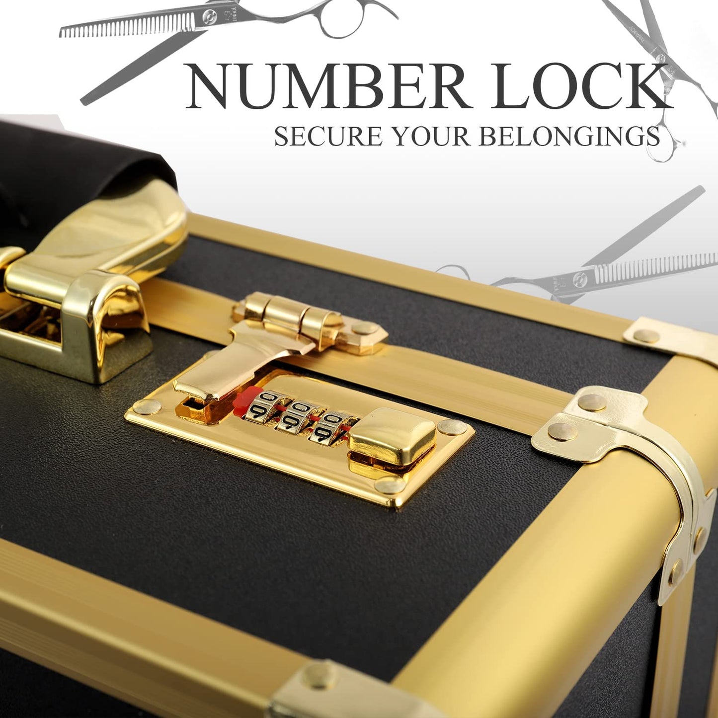 Kinglioncase Barber Case Clipper Bag Gold, Hair Kit Tool Box Aluminum Organizer with Portable Handle and Secure Numlock for Scissors, Clippers, Barber Supplies 15.7" x 12" x 6.1"