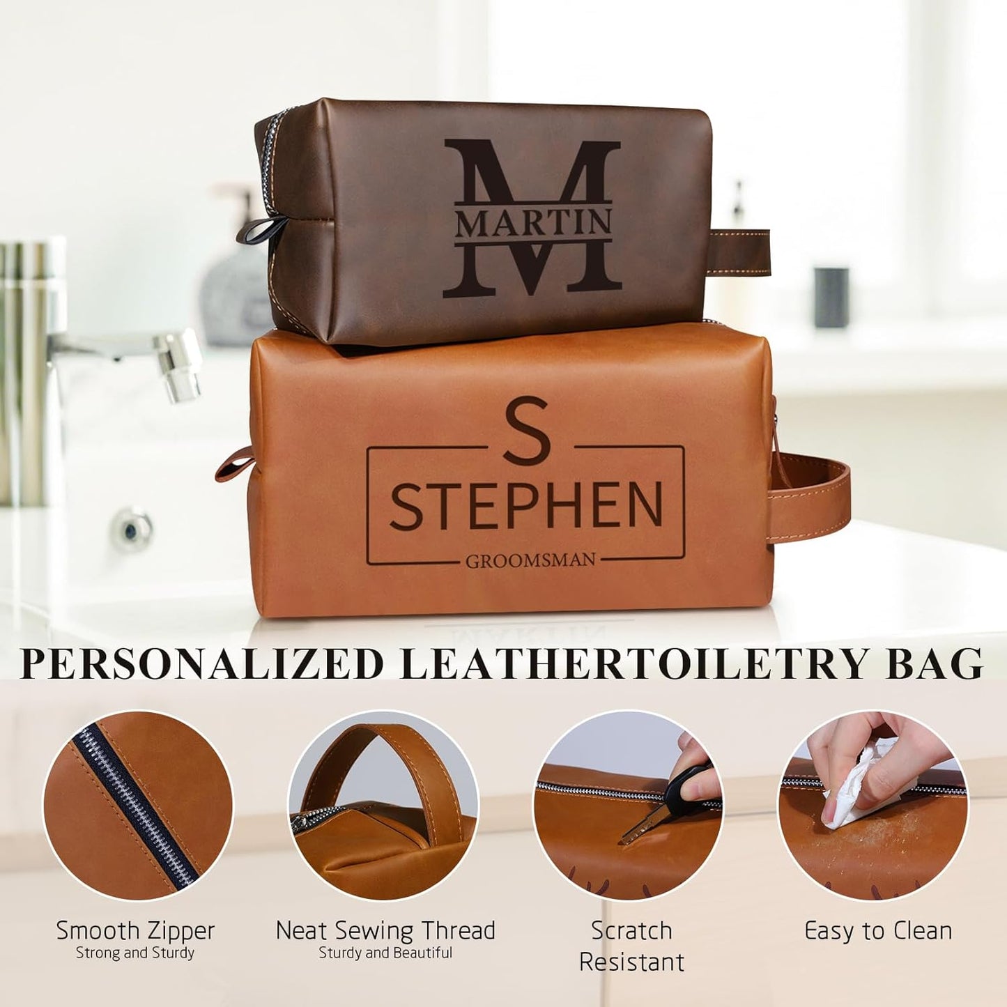 Personalized Leather Toiletry Bag for Men - Custom Engraved Dopp Kit | Perfect Groomsmen, Husband, Dad Gift for Weddings & Birthdays