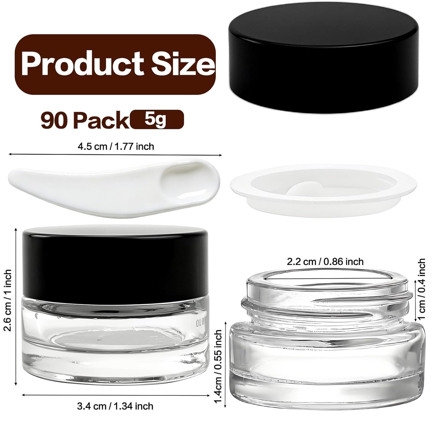 Clear 5ml Small Jars - 90 Pack Airtight Glass Containers with Black Lids & Spoons | Ideal for Beauty Samples, Lotions, & Travel