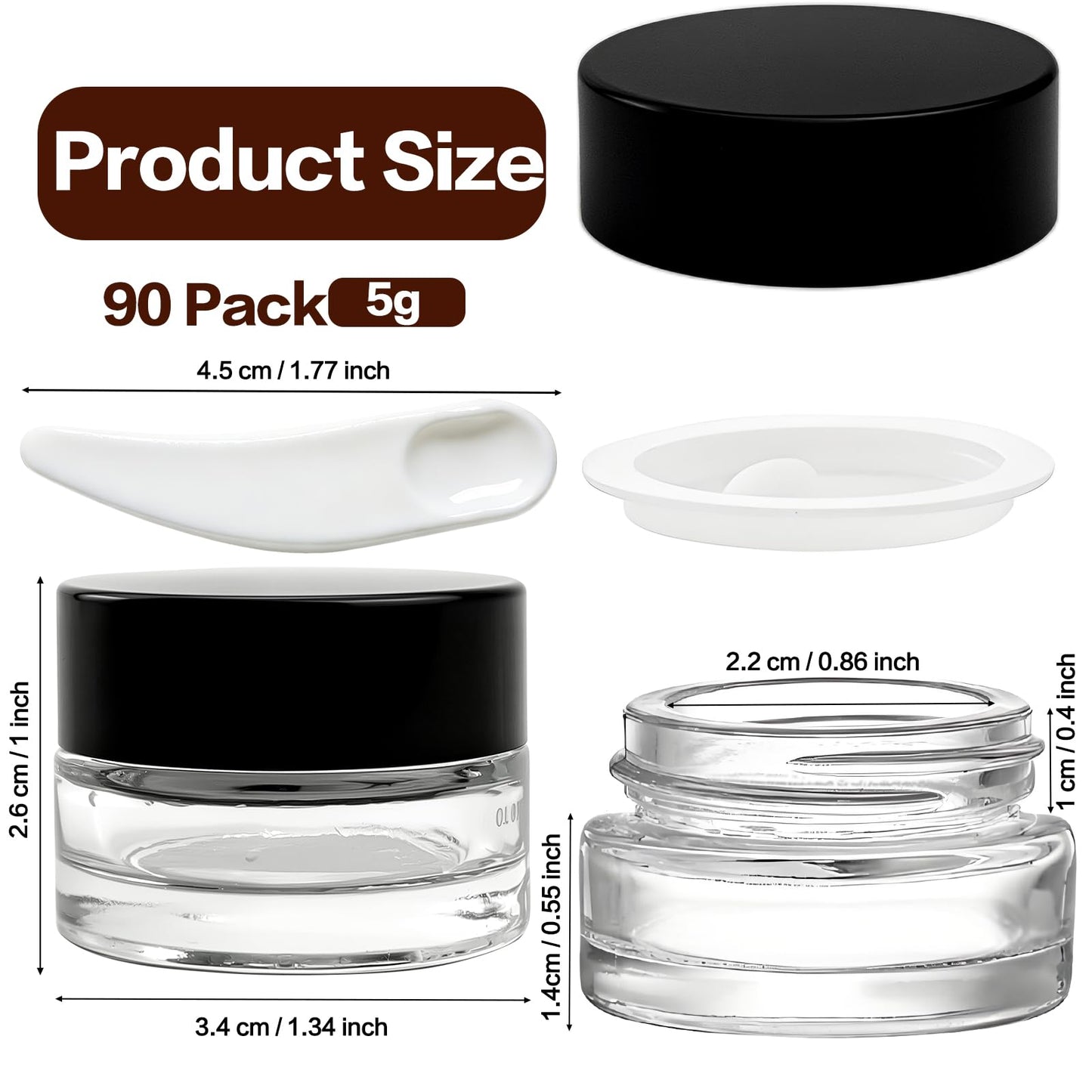 Seuqhck 90 Pack 5ml Small Clear Jars with Black Lids and Spoons, Empty Glass Cosmetic Containers Bulk with Liner Airtight Cream Bottle for Beauty Product Samples, Travel, Lotions, Essences