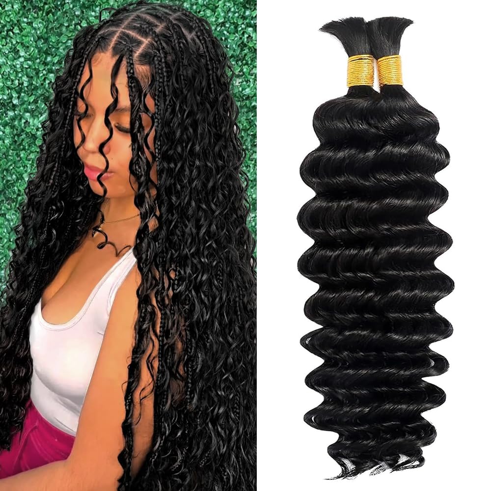 GveoXvo Boho Human Hair 24 Inch 2 Bundles Same Length Black Color Human Braiding Hair for Boho Braids Hair Extensions No Weft 2 Braids Wet and Wavy Braiding Human Hair