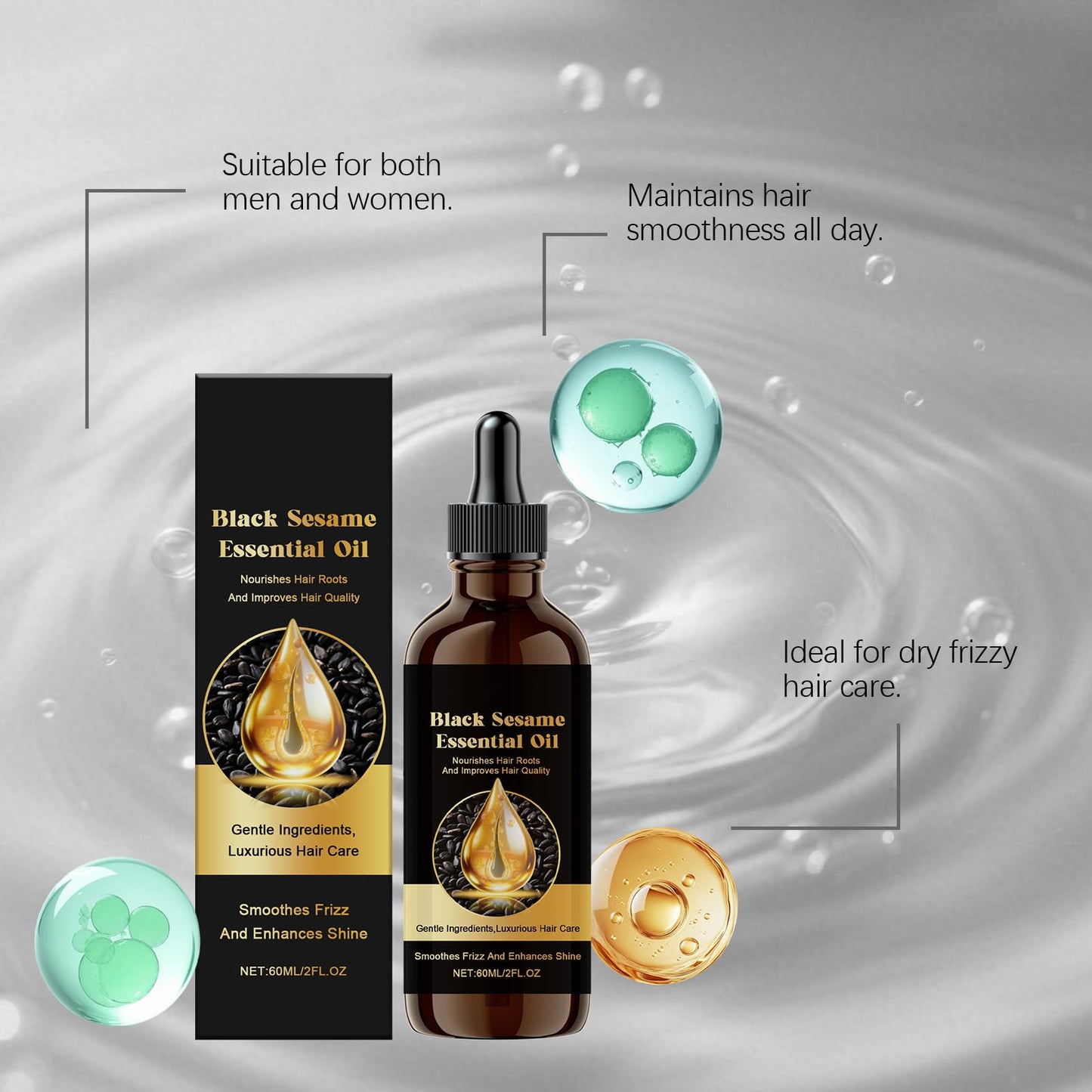 Black Sesame Hair Growth Oil, Volumizing and Moisturizing, Deep Nourishing Treatment for Dry Damaged Hair, Fuller Hair, Reduces Hair Loss & Breakage, All-Natural Formula, 2 fl oz