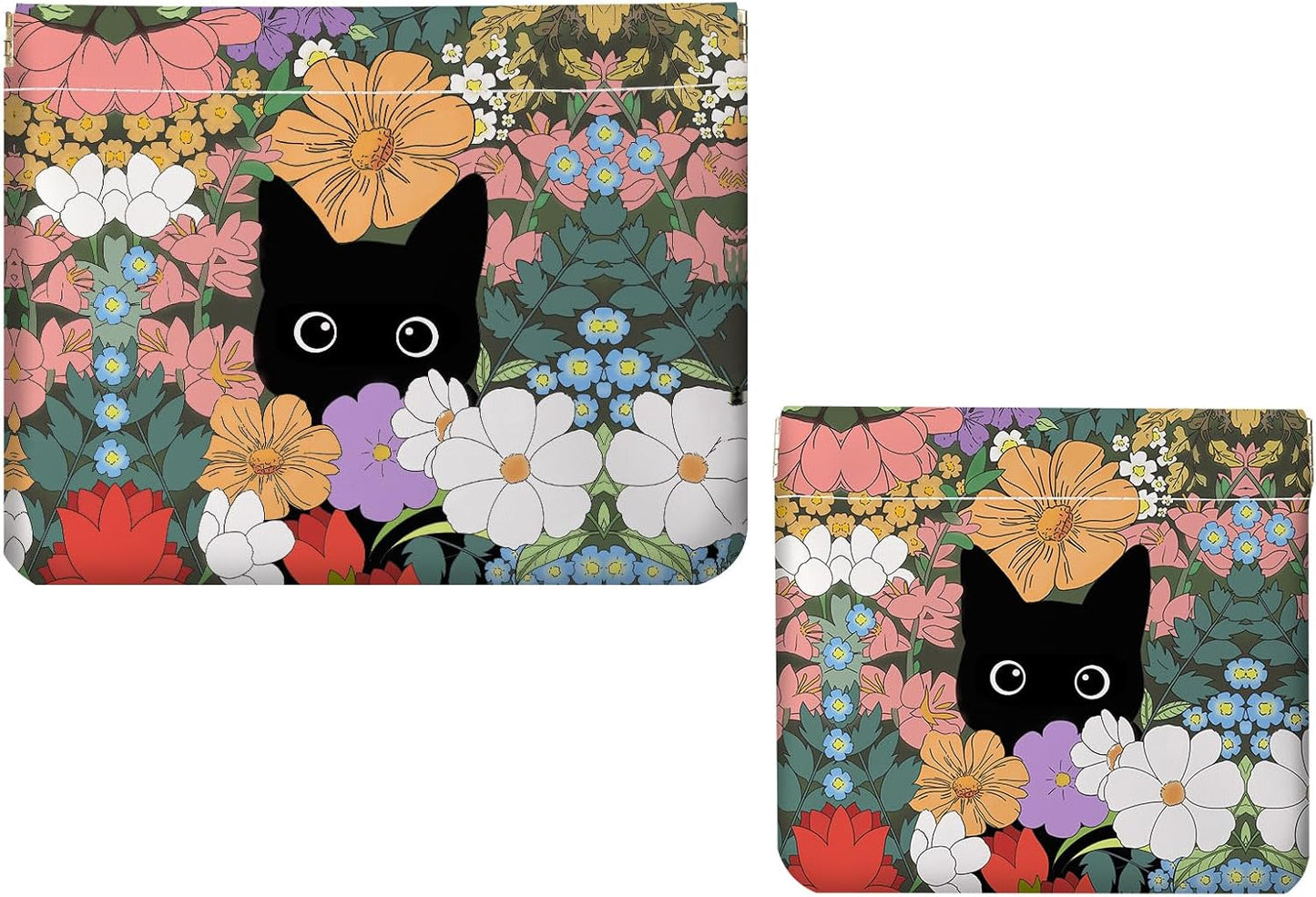 Small Makeup Bag Set - 2 PCS PU Leather Cosmetic Organizer | Portable Self-Closing Pouch for Travel - White Flower Design