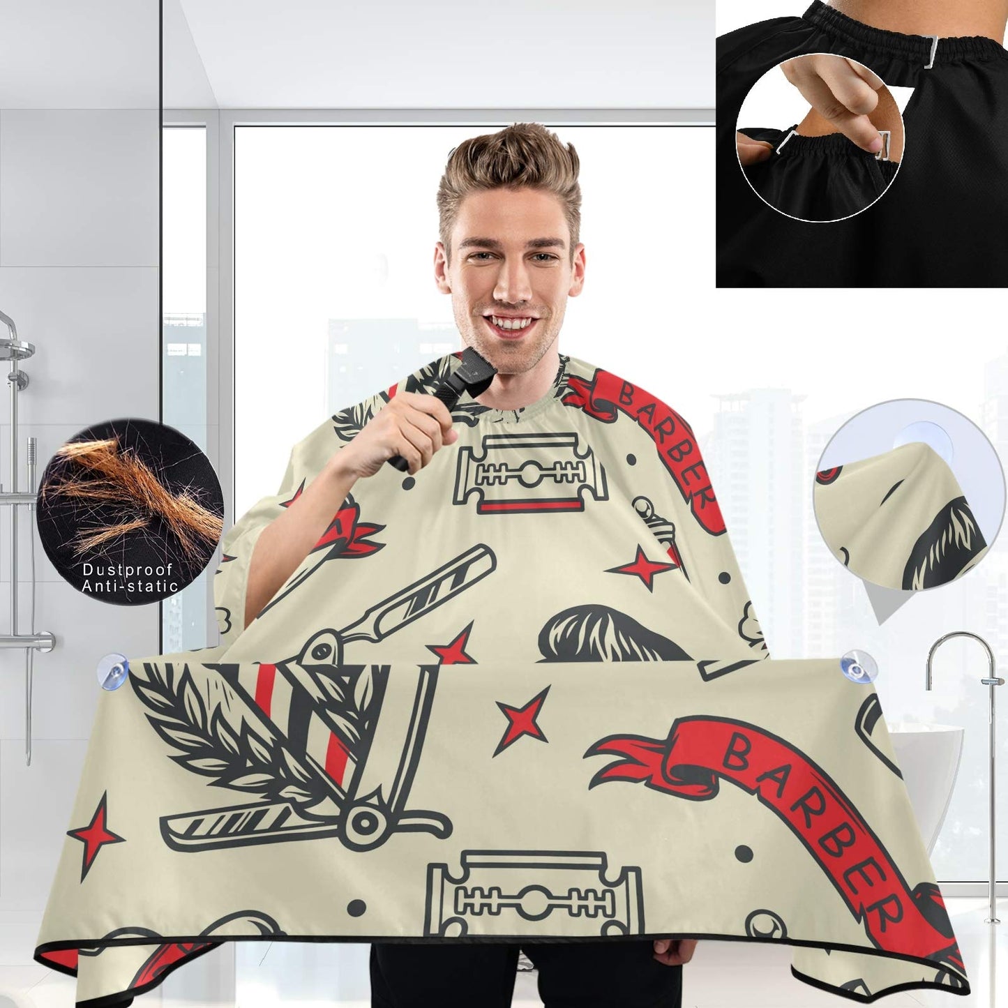 visesunny Barbershop Tattoo Vintage Seamless Pattern Barber Cape Anti-Static Hair Cutting Cape with Snap Closure Professional Salon Polyester Beard Shaving Bib Water-Resistant Hairdressing Cape Adjust