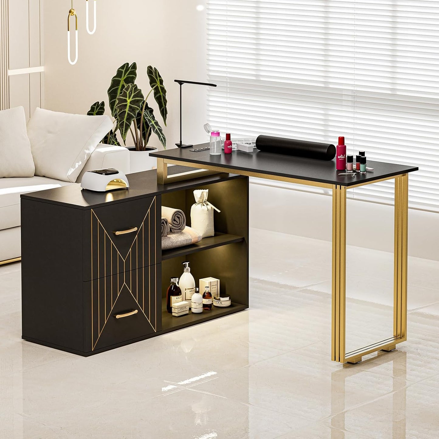 Manicure Table for Nail Tech - Corner Nail Desk with Wrist Cushion, 2 Drawers & LED Lights | Black