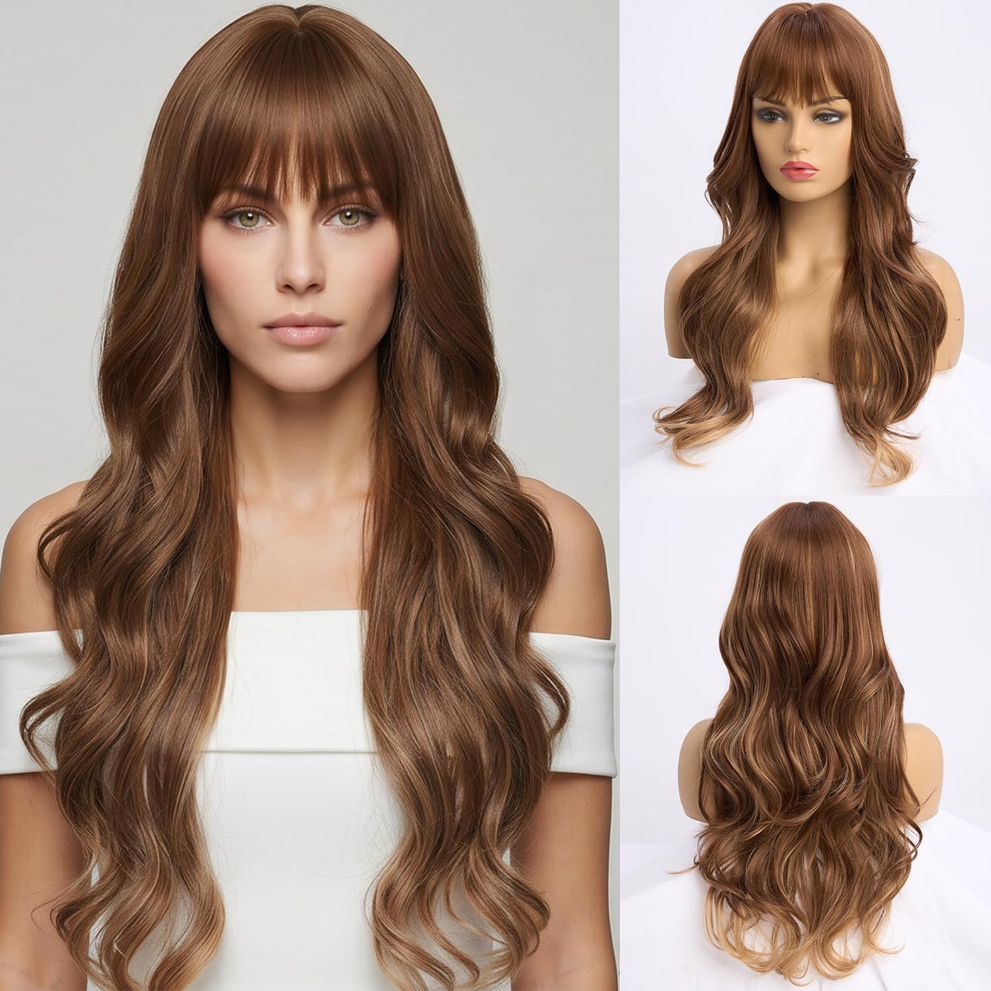Long Black Wig with Bangs - Medium Length Wavy Layered Style | Heat Resistant Synthetic Hair (28 Inches)