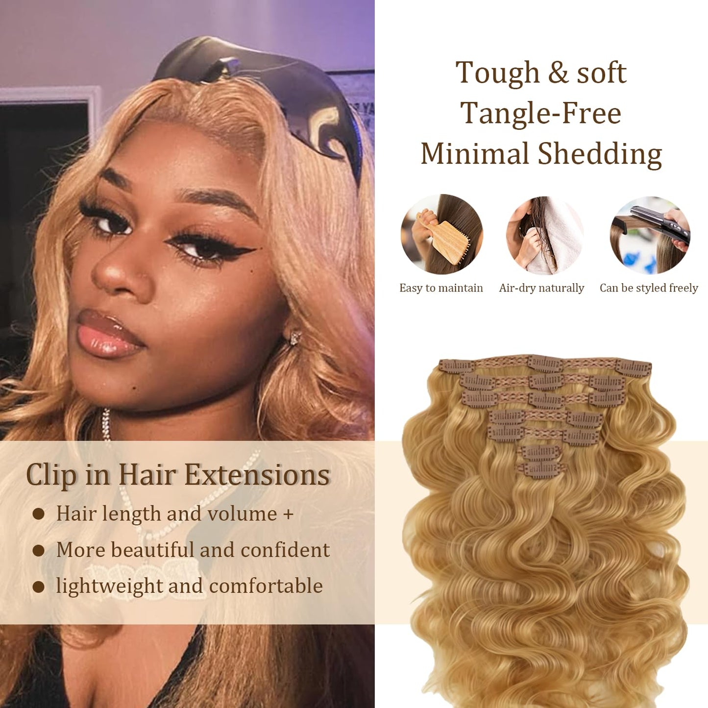 #27 Blonde Clip in Hair Extensions Real Human Hair, 22 Inch 120g/7Pcs,Full Shine Remy Human Hair,Honey Blonde Body Wave Clip ins Brazilian Virgin Human Hair Extensions