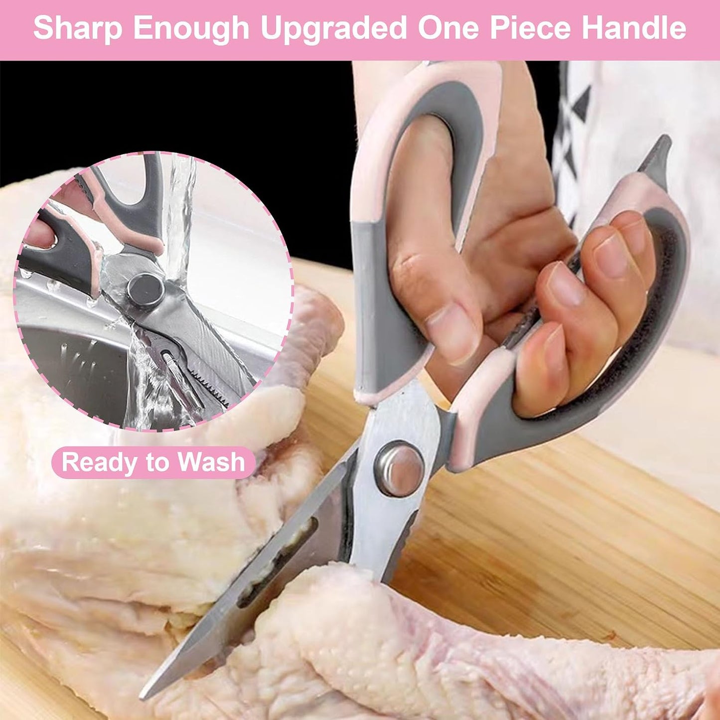 Heavy Duty Kitchen Shears - Dishwasher Safe Stainless Steel Scissors for Meat, BBQ & Cooking | Pink