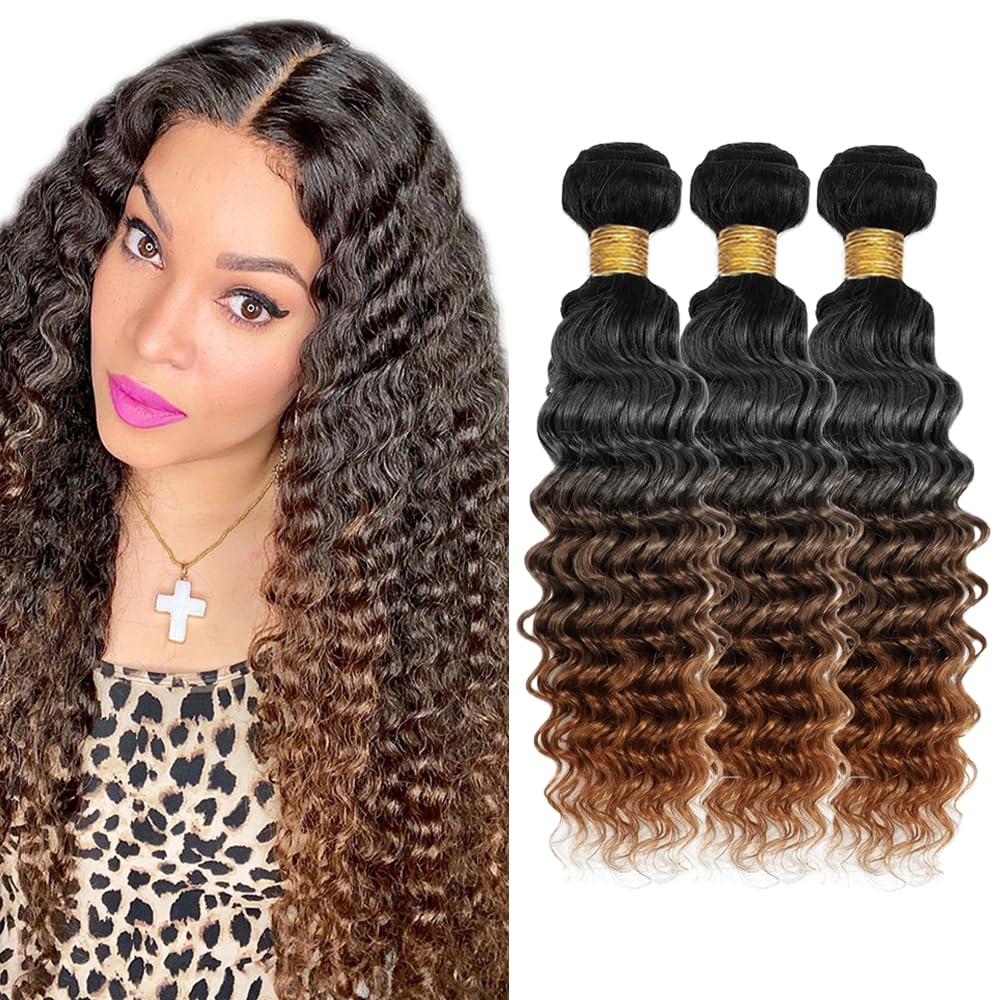 1B430 Deep Wave Bundles Human Hair Chocolate Brown Bundles Human Hair 8A Brazilian Virgin Remy Hair 3 Bundles 28 30 32 Inch 4/30 Bundles Dark Brown Loose Wave Bundles No Tangle Hair Extensions
