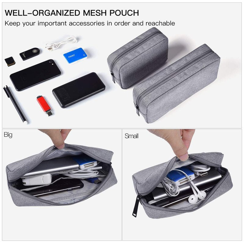 Portable Electronics Accessories Storage Bag, 2PCS Big + Small Carrying Case Travel Cable Organizer Cosmetic Bag Pouch Compatible Hard Drive, Power Bank, Mouse, Laptop Charger, Cellphone, Gray