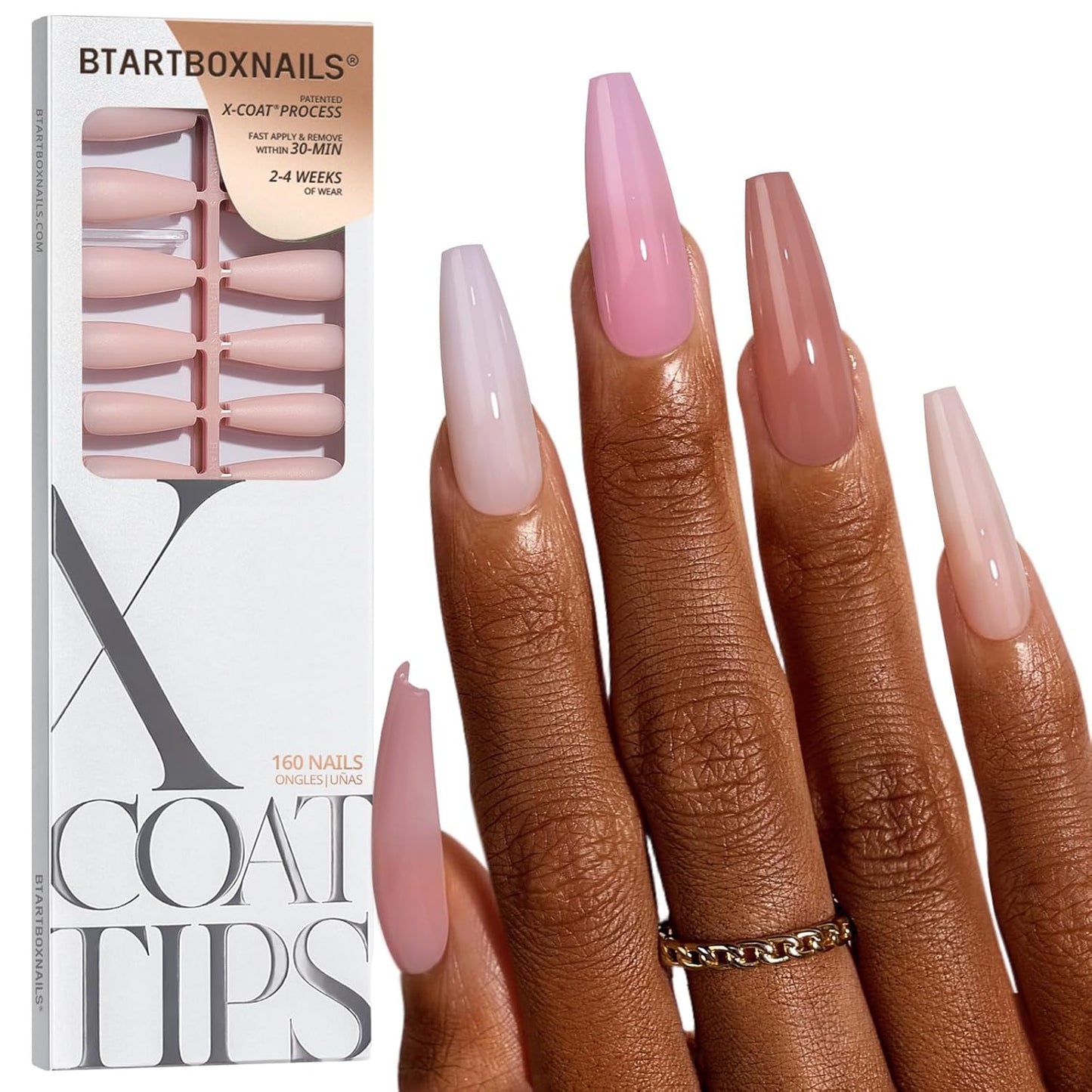 BTArtbox Press-On Nails - 5 Shades of Nude Long Stiletto | 16 Sizes for Easy Application & 4-Week Wear