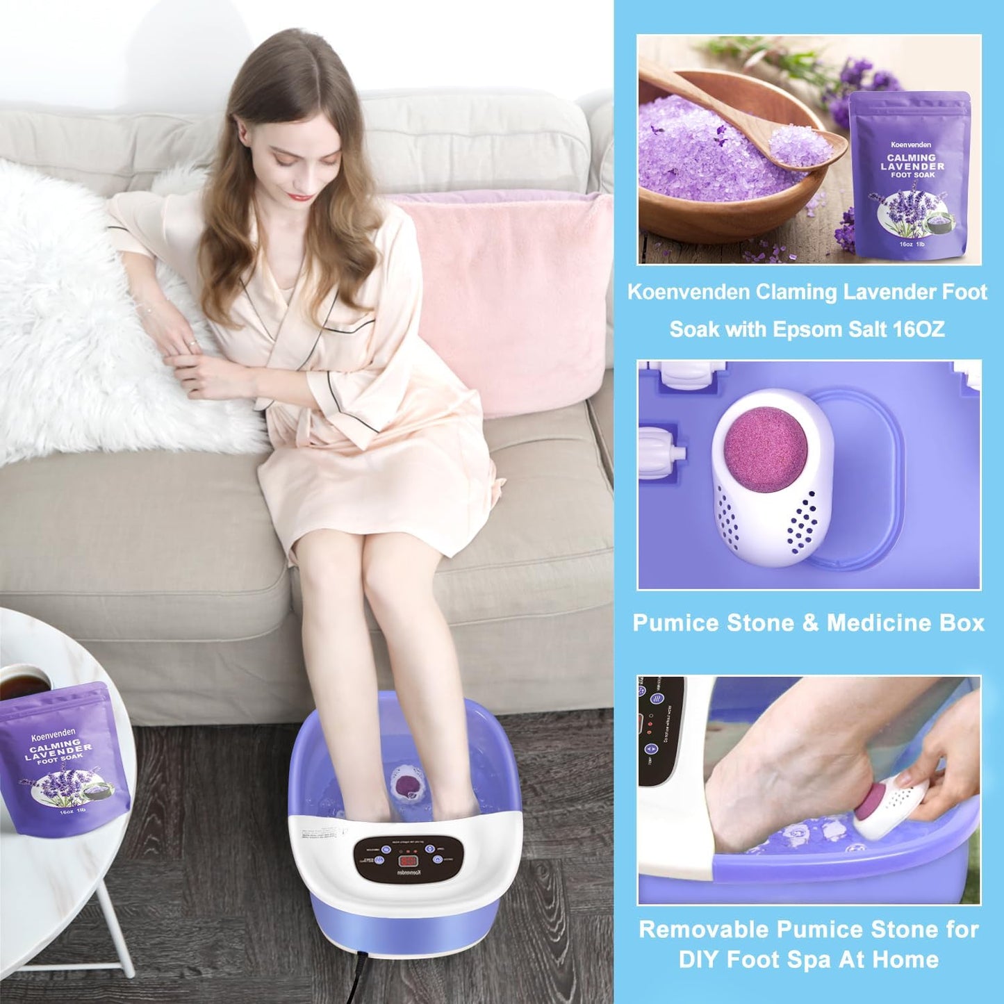 Foot Spa Massager with Heat & Bubbles | 22 Rollers, Adjustable Temp, Lavender Epsom Salt - Purple