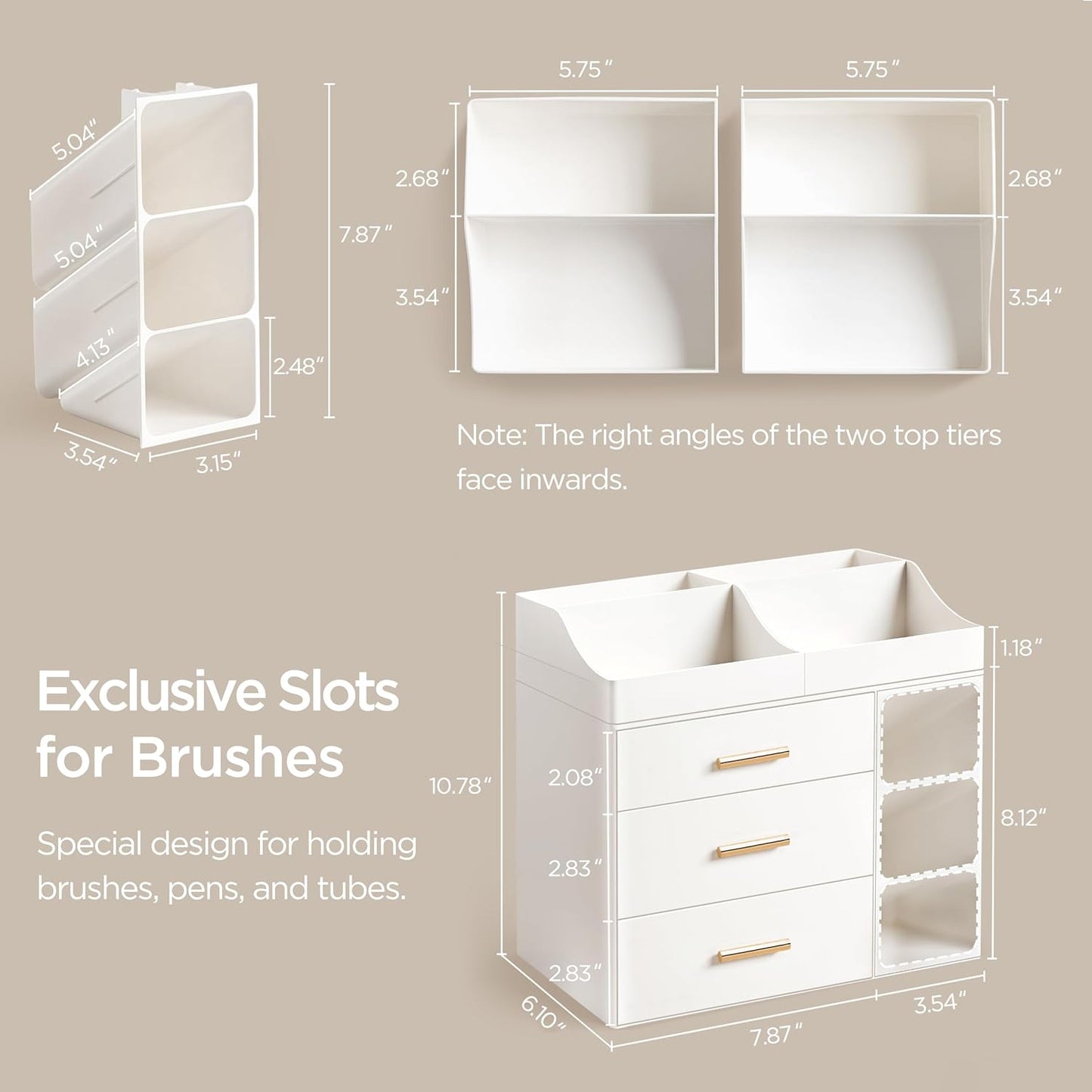 Makeup Organizer - Large Bathroom Countertop Storage with Brush Holder & Drawers | All White Dresser Organizer for Skincare & Vanity