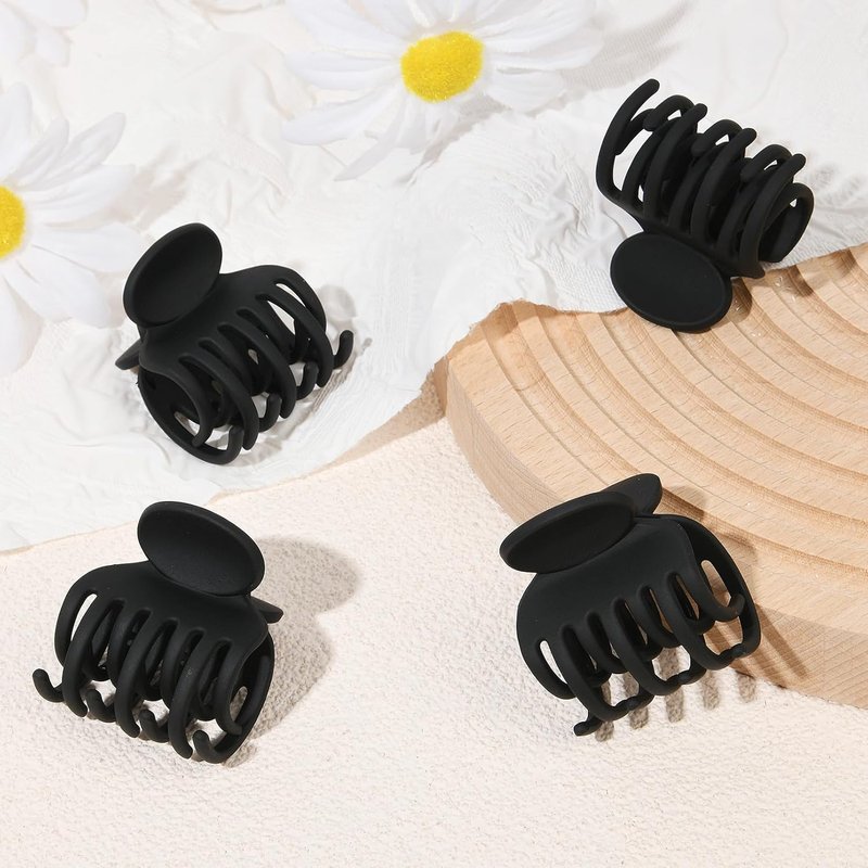 Small Claw Hair Clips for Thin Short Hair - 4 Pack Matte Non-Slip | Black 1.6" Double Row Teeth