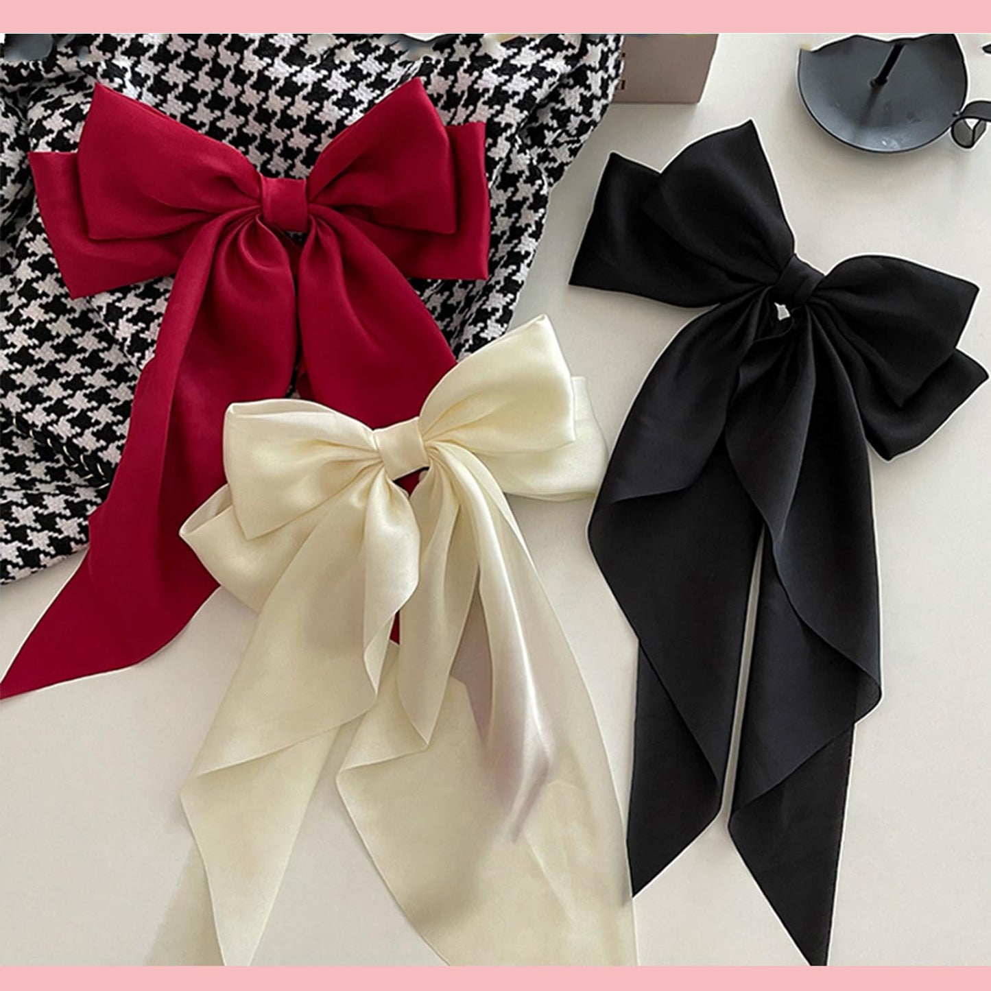 3 PCS Hair Bows for Women - Elegant Black Satin Clips for Chic Ponytails | Stylish Big Ribbons
