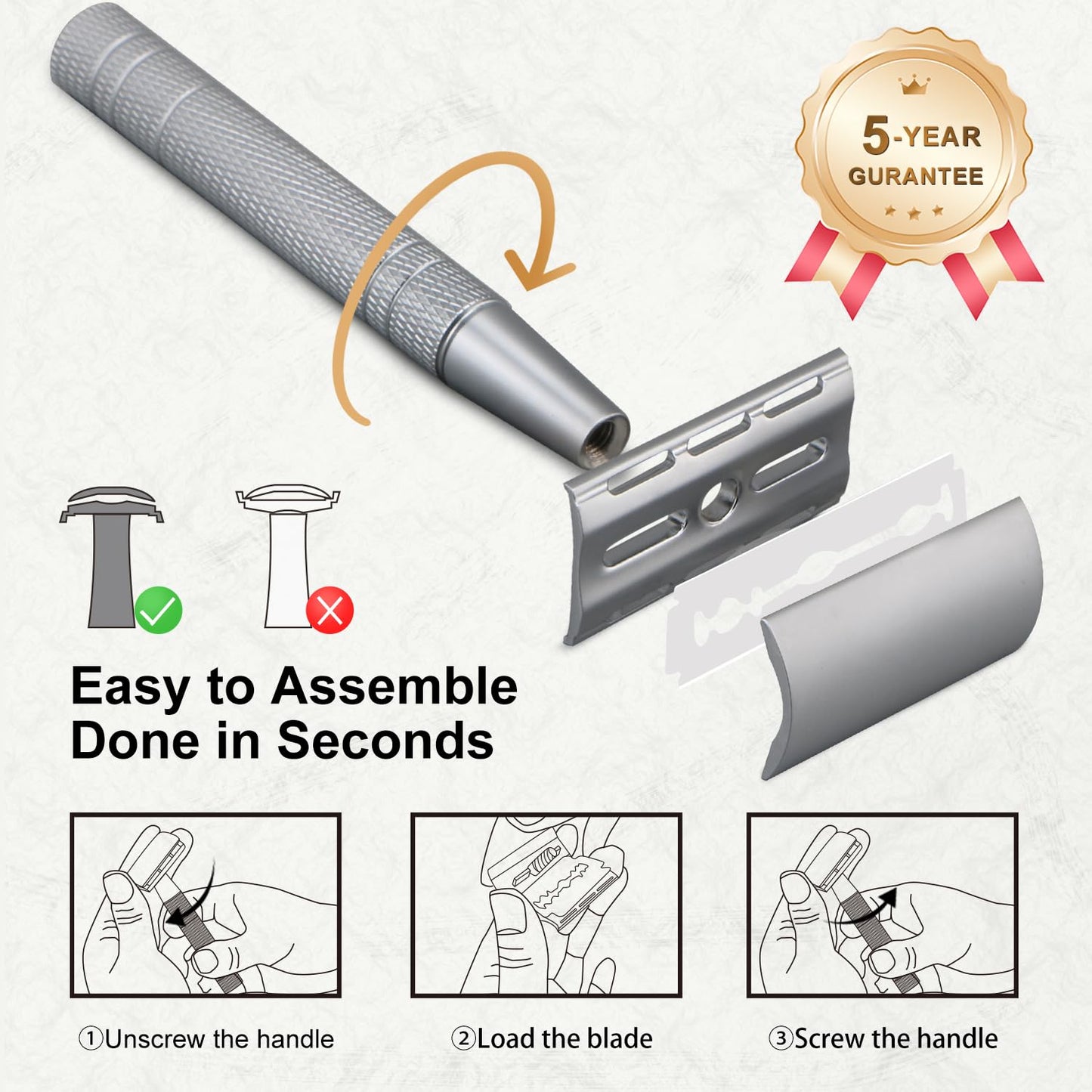 Double Edge Safety Razor, Single Blade Razors for Men and Women, with 10 Double Edge Blades, Reusable Metal 1 Blade Razor, Eco-Friendly, Zero Waste, Smooth and Close Shave, Matte Silver