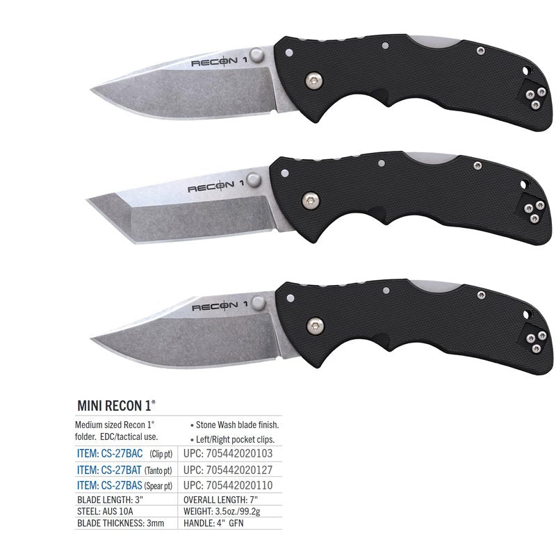 Cold Steel Mini Recon 1 3" AUS10A Tanto Point Blade 4" GFN Handle Folding Knife w/Tri-Ad Lock, Ambidextrous Pocket/Belt Clip