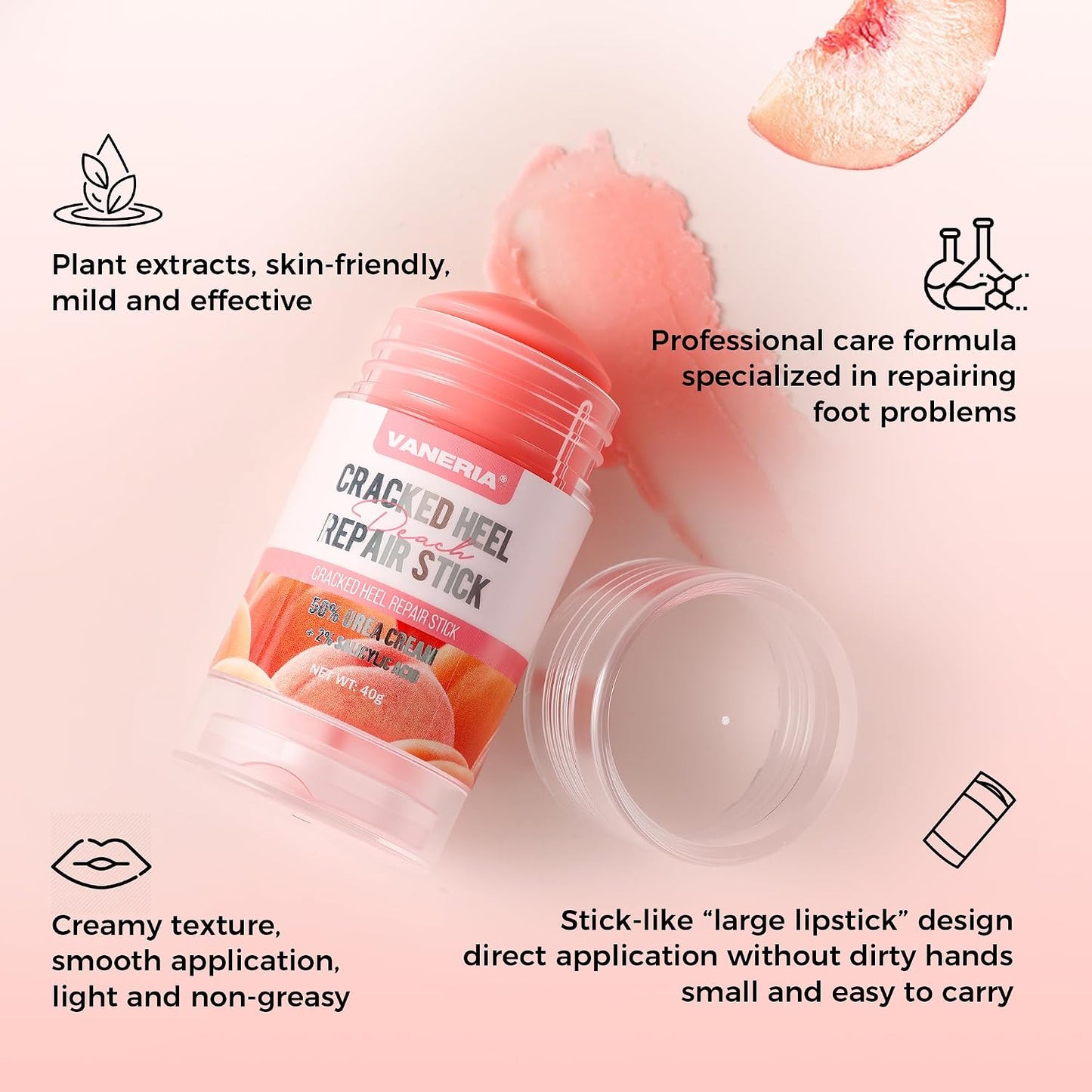 VANERIA 50% Urea Cream Stick - Cracked Heel Repair with 2% Salicylic Acid & Shea Butter | 40g Peach Scent
