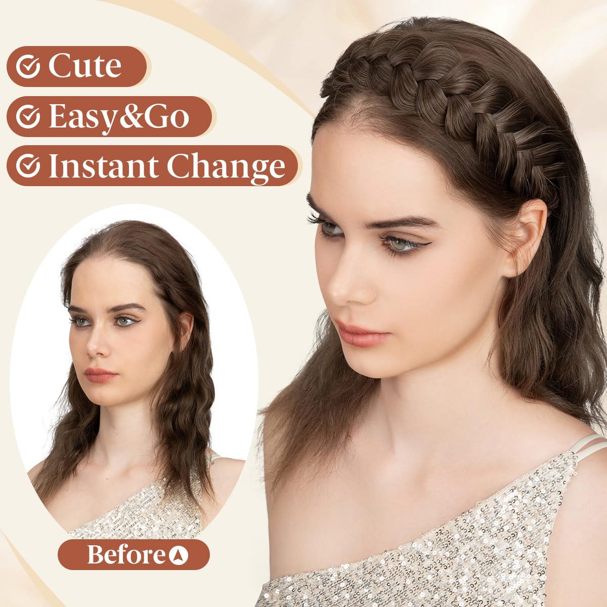Braided Headbands for Women - Handmade Synthetic Hair Hoops with Teeth | Sand Color, 1PC