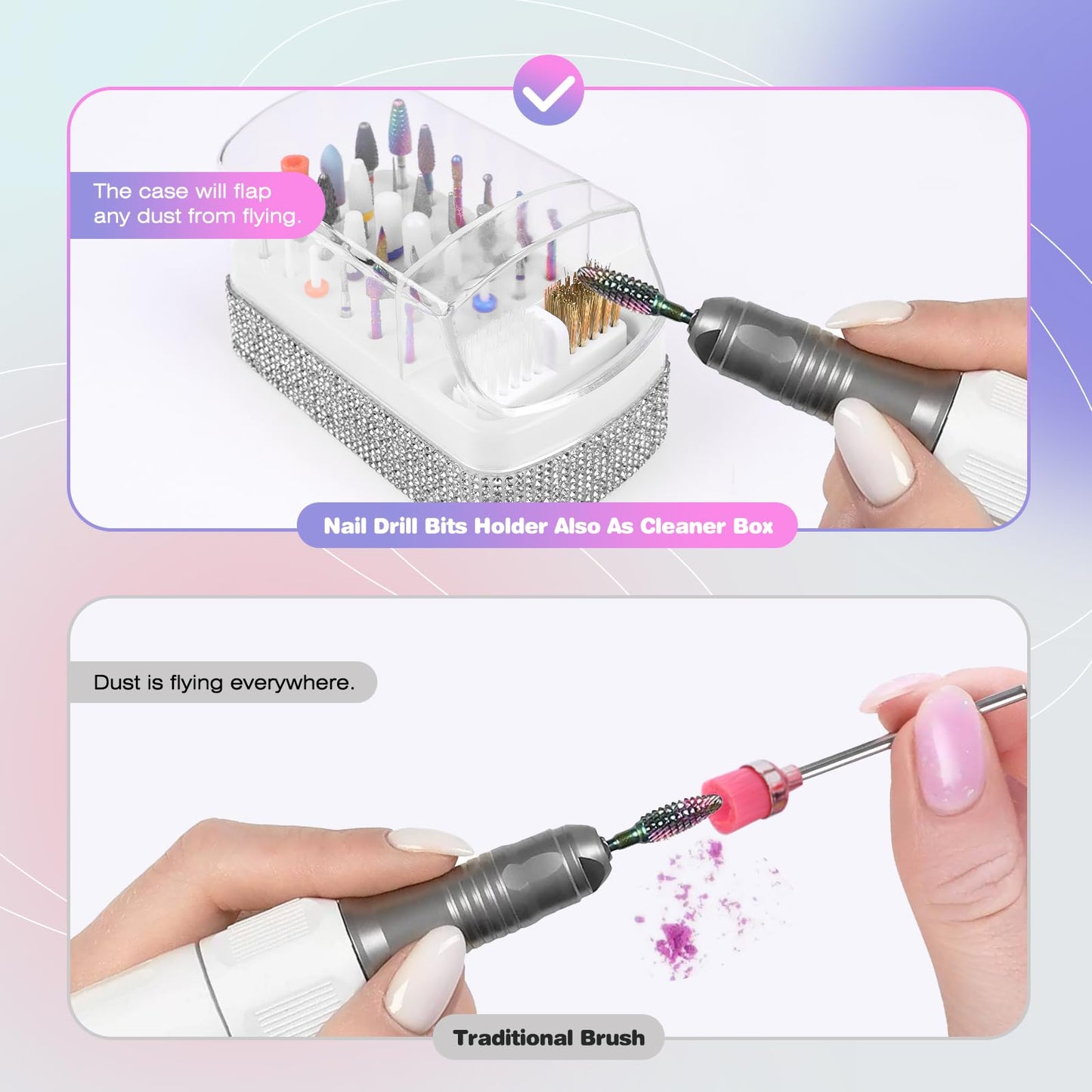 2 in 1 Nail Drill Bits Holder: 30 Holes Nail Bits Organizer Case with Cleaner Brush, Dustproof Efile Nail Tech Bits Storage Container Box Manicure Tools Accessories Display for Salon Home(Only Box)
