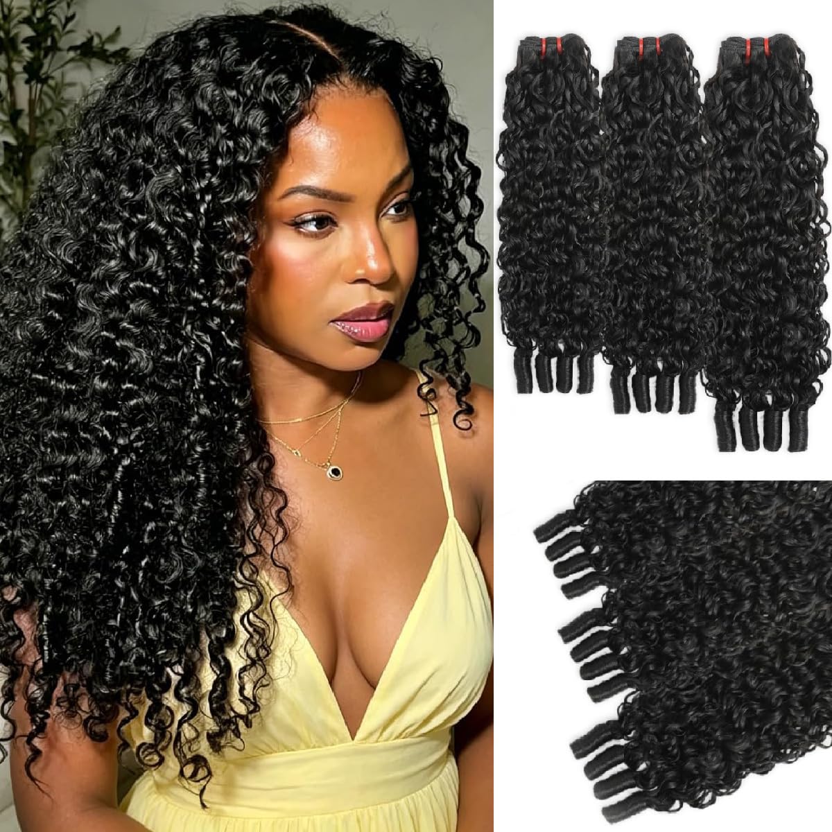 KSFULL Burmese Curly Human Hair Bundles 20 22 24 Inches 3Pcs Water Wave Burmese Curly Bundles Hair Weave with Spiral End 3C4A Quick Weave Hair for Women Natural Black