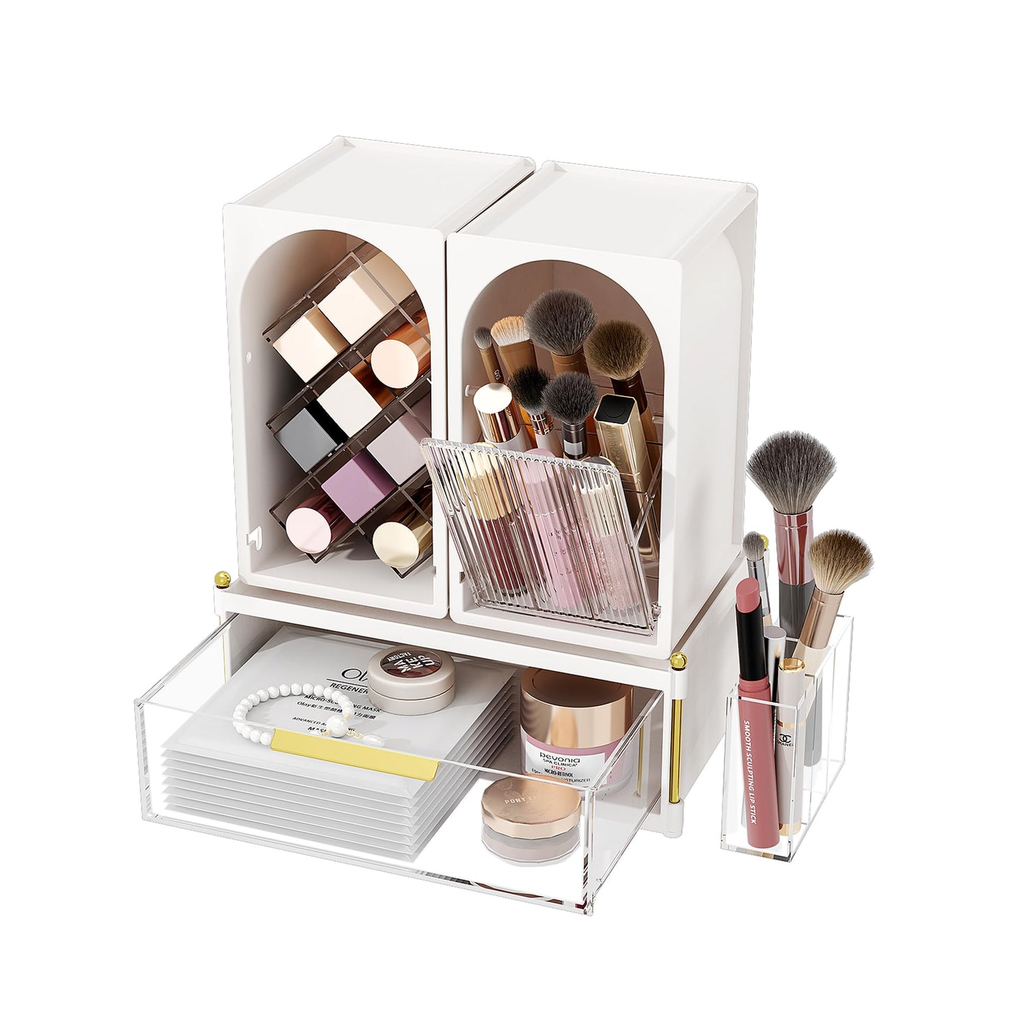 FOLLOWIN Compact Makeup Organizer Set, Lipstick Holder with Grid,Makeup Brush Organizer with Flip Drawer, 2 Ways to Arrange, Milk White Vanity Countertop Storage with Detachable Drawer for Cosmetics