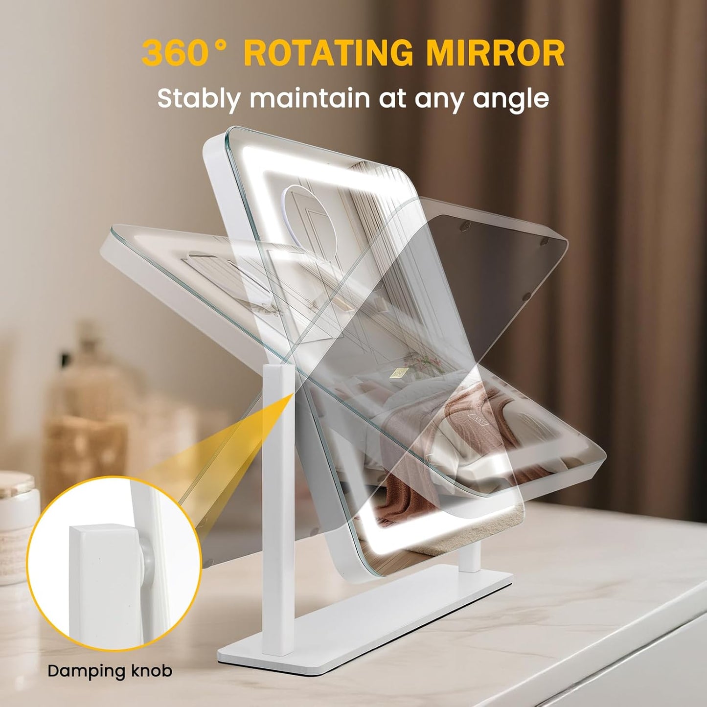 LED Makeup Mirror with Lights - 15" x 12.2" Dimmable Vanity Mirror with Smart Touch & 3-Color Lighting | 360° Rotation, White