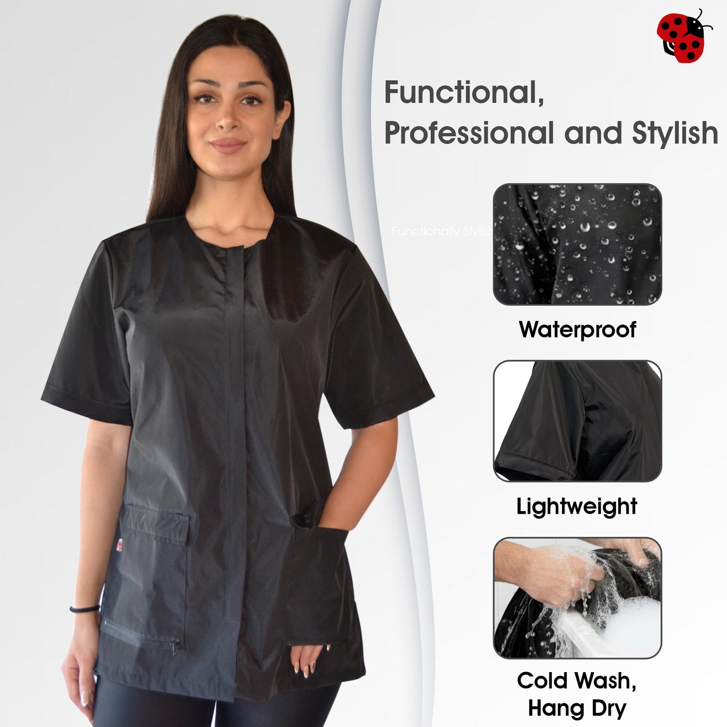 Ladybird Line 950 Classic Black Waterproof Jacket, 2 Front Pockets, Mesh Back, Hair Bleach Resistant, Adjustable Tie Belt