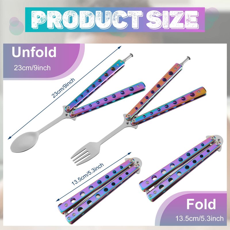 Flutesan 2 Pcs Butterfly Fork and Spoon Set, Tactical Butterfly Spoon Folding Stainless Steel Spork Utensil Set Balisong Trainer for Travel Camping Hunting BBQ Kitchen(Colorful)