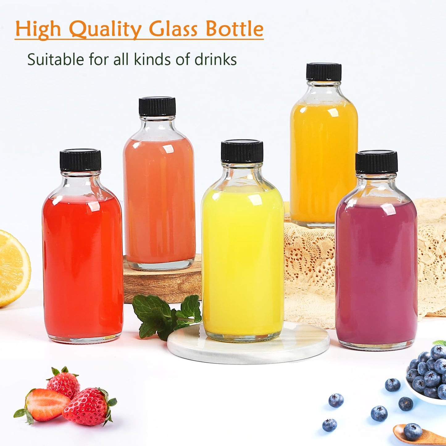 4 OZ Glass Bottles with Lids, 12Pcs Small Glass Containers with Lids and 3 Stainless Steel Funnels Clear Reusable Decorative Bottles for Juice Wellness Ginger Shots Whiskey Homemade Vanilla (4OZ)