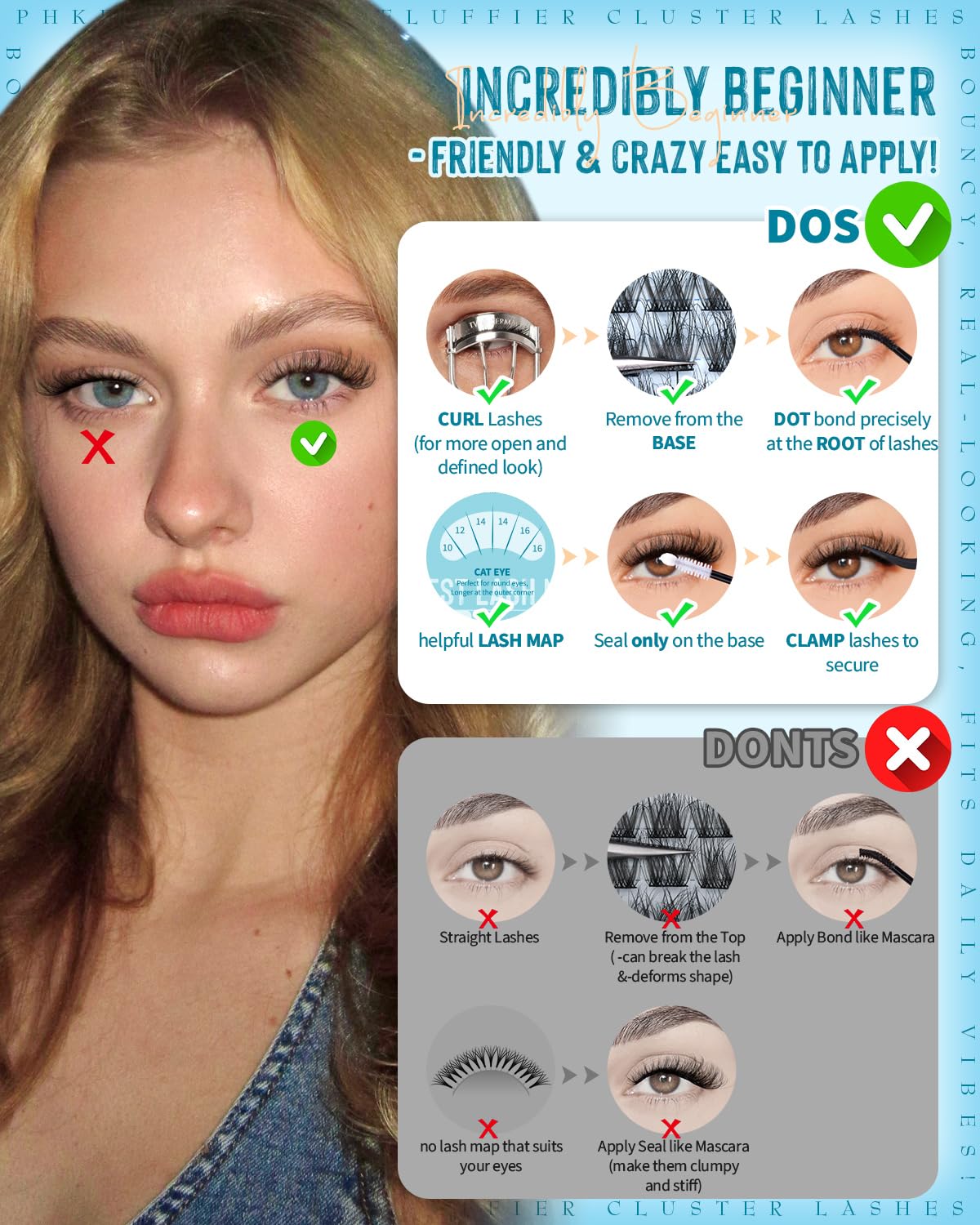 PHKERATA Wispy Lash Clusters Natural Eyelash Clusters 180Pcs Cluster Eyelash Extensions C Curled Cluster Lashes DIY Individual Lashes Soft Eye Lash Extension with Ultra-thin Band, 10-16MM