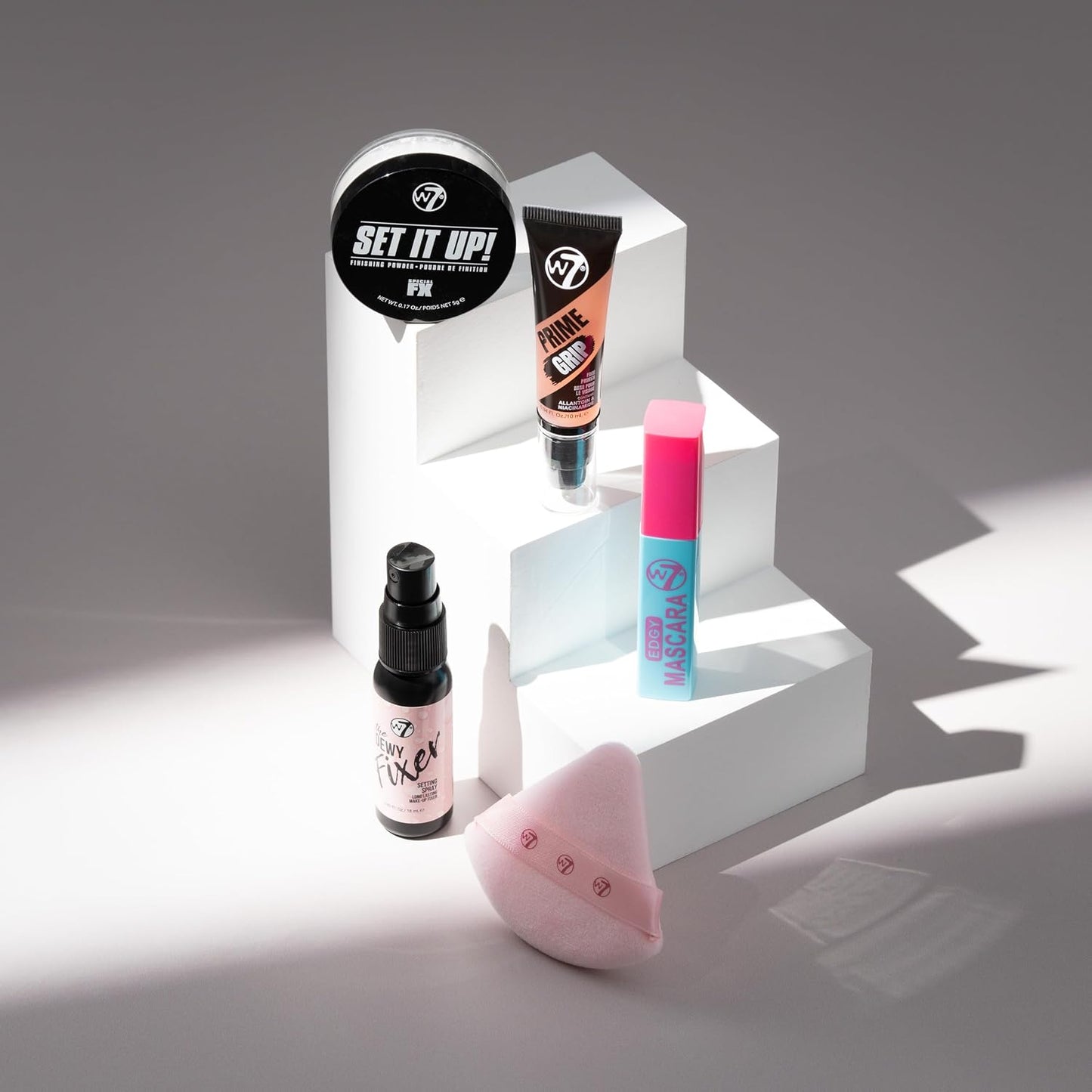 W7 On the Go Cuties Set | Mini Makeup Essentials with Primer, Mascara & Setting Spray - Travel Size Beauty Kit