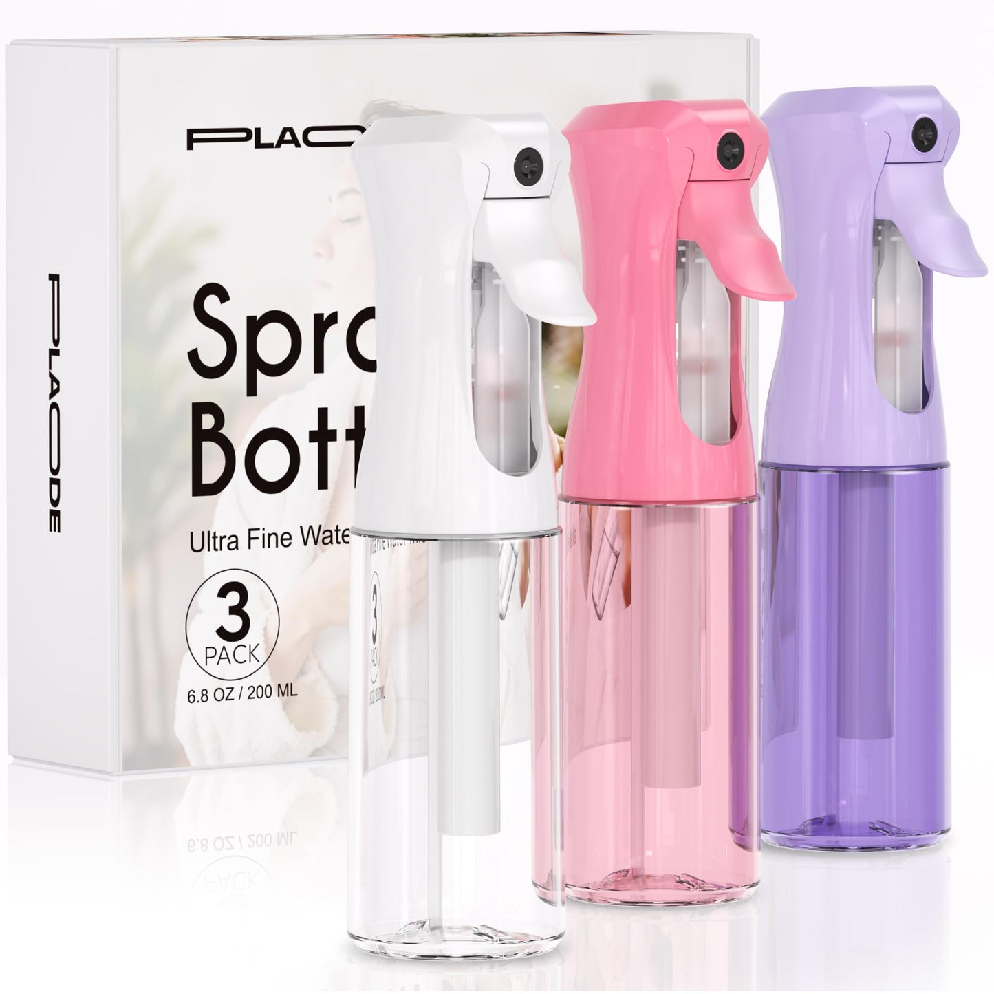 3 Pack Spray Bottle for Hair - Continuous Hair Spray Bottles Refillable Mister Sprayer for Hairstyling, Plants, Pets, Skincare, Cleaning (6.8 OZ/200ML, White+Pink+Purple)