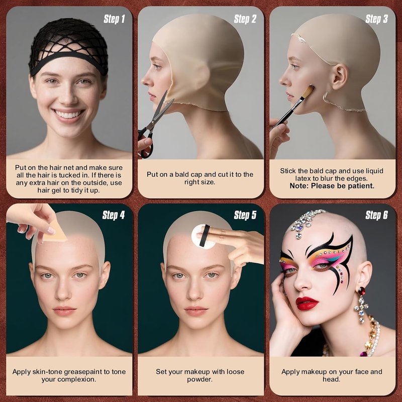 Bald Cap SFX Makeup Set - Elastic Latex Bald Caps for Halloween Cosplay | Complete Kit for Adults