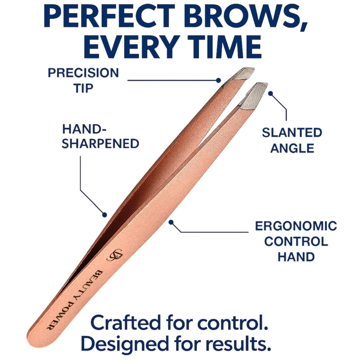 Beauty Power Slant Tip Precision Tweezers - Stainless Steel Eyebrow Tweezers for Women & Men - Precision Tweezers for Facial Hair, Ingrown Hair & Brow Shaping - Professional Beauty Tool (Rose Gold)