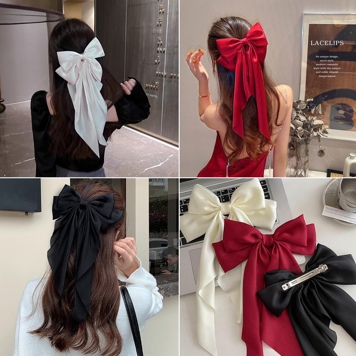 3 PCS Hair Bows for Women - Elegant Black Satin Clips for Chic Ponytails | Stylish Big Ribbons