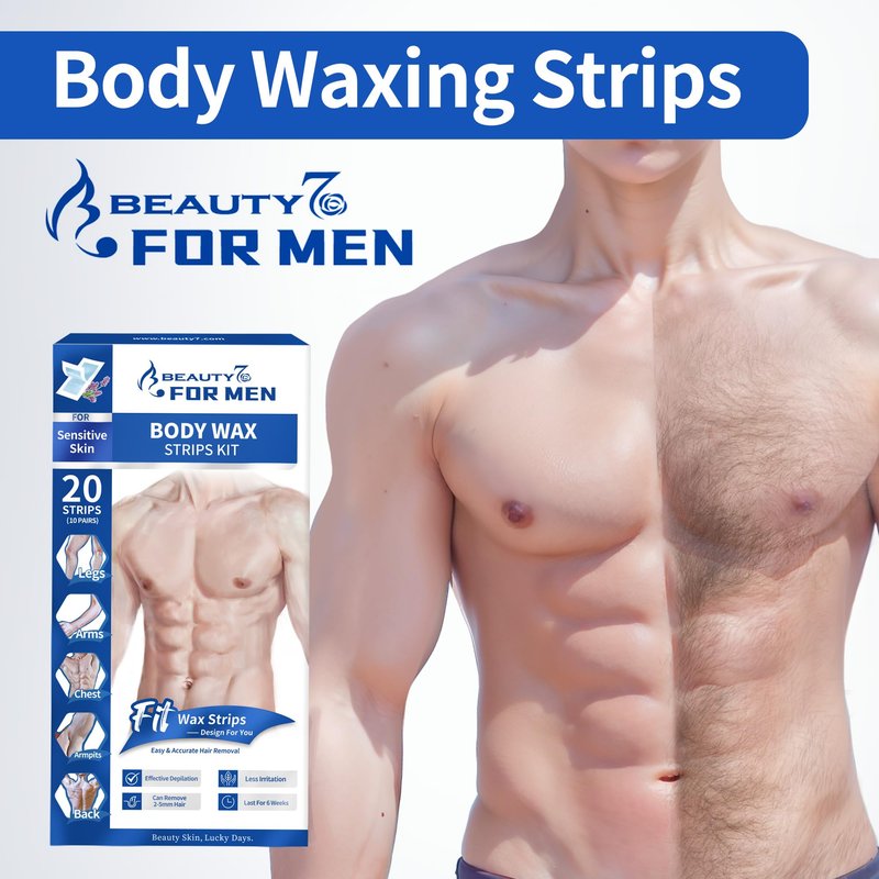 Beauty7 Men Wax Strips for Body, Ready to Use Waxing Strips, Facial Hair Removal Wax, Legs Arms Chest At Home Waxing, 20 Waxing Strip 4 Calming Oil Wipes