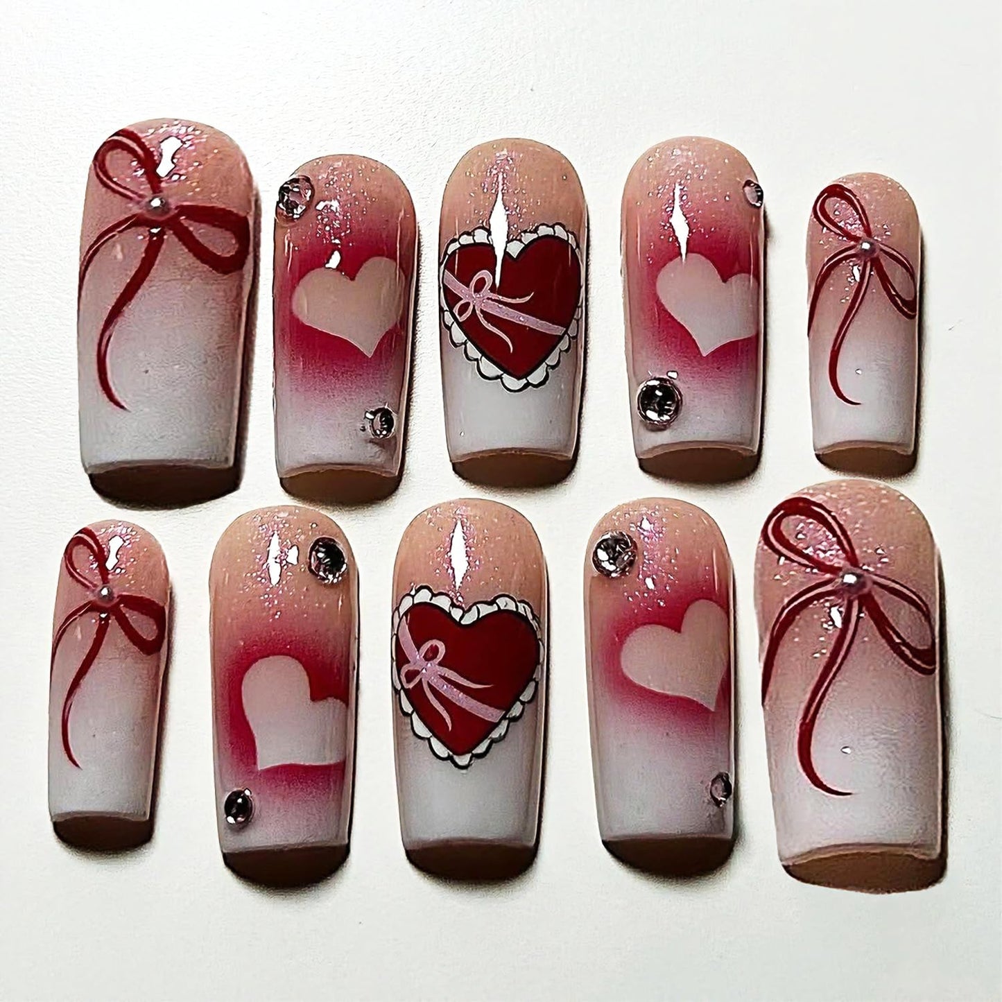 Valentine's Press-On Nails - 30 Pcs Short Almond Red French Tip with Pearl & Gold Bow | Romantic Heart Acrylic Set