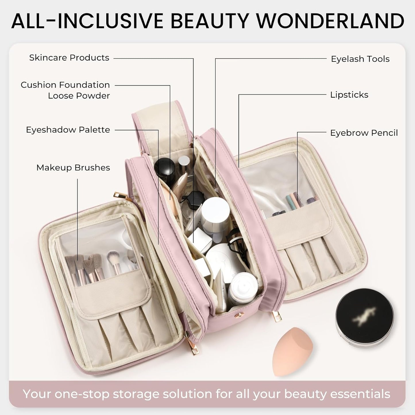 Travel Makeup Bag - Large Capacity Waterproof Organizer | Free-Standing Design, Easy Access - Pink