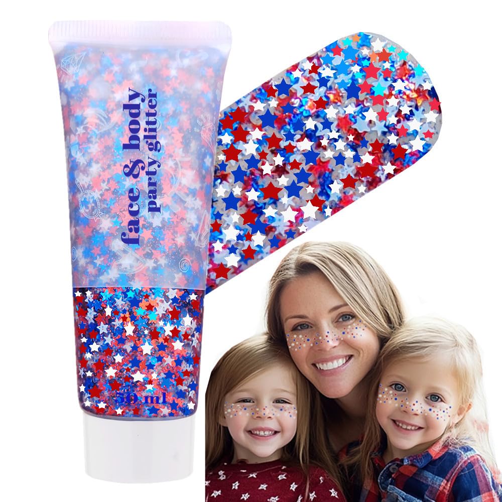 Go Ho 4th of July Accessories for Women Kids - Star Face Body Hair Glitter,Patriotic Red White and Blue Glitter Gel Sparkle Makeup for Independence Day 250 Anniversary USA