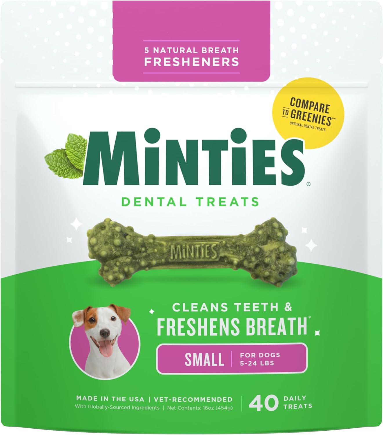 Dog Dental Bone Treats - Minties for Fresh Breath & Clean Teeth | Tiny/Small, 16 Ounces, 40 Count