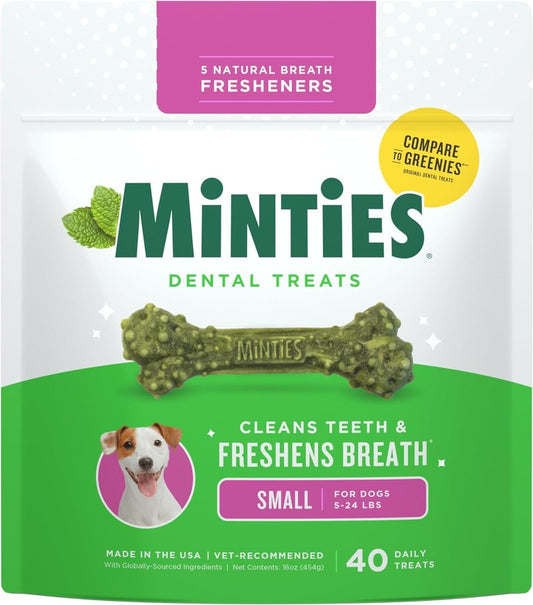 Dog Dental Bone Treats - Minties for Fresh Breath & Clean Teeth | Tiny/Small, 16 Ounces, 40 Count