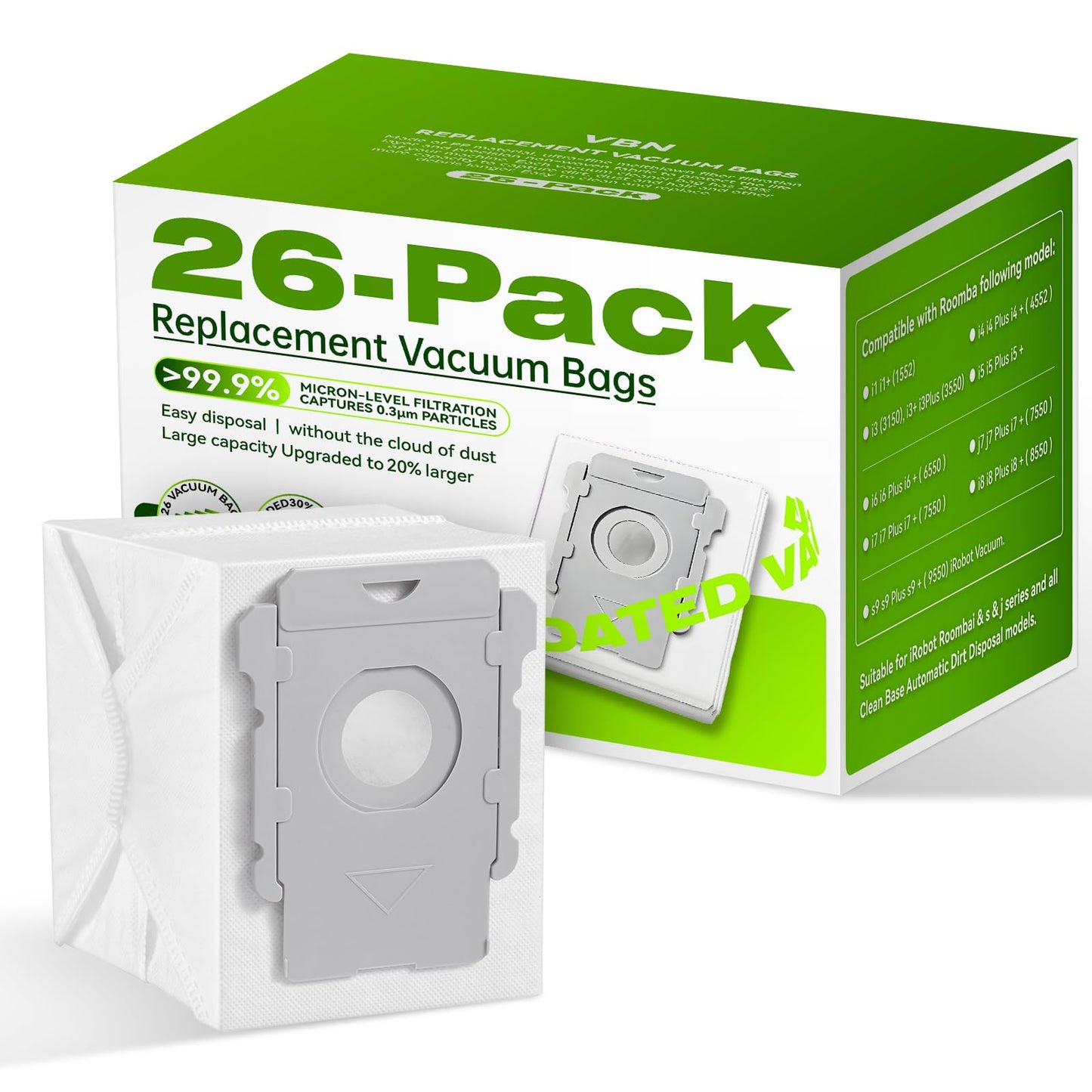 VBN 26 Pack Vacuum Bags for iRobot Roomba i s j 100 400 500 Series All Clean Base, Fit i3+ i4+ i5+ i6+ i7+ i8+ j7+ j8+ j9+ s9+ 104 105 405 504 505 507 Vac Combo, 705 Max Combo10, Dirt Disposal Bags