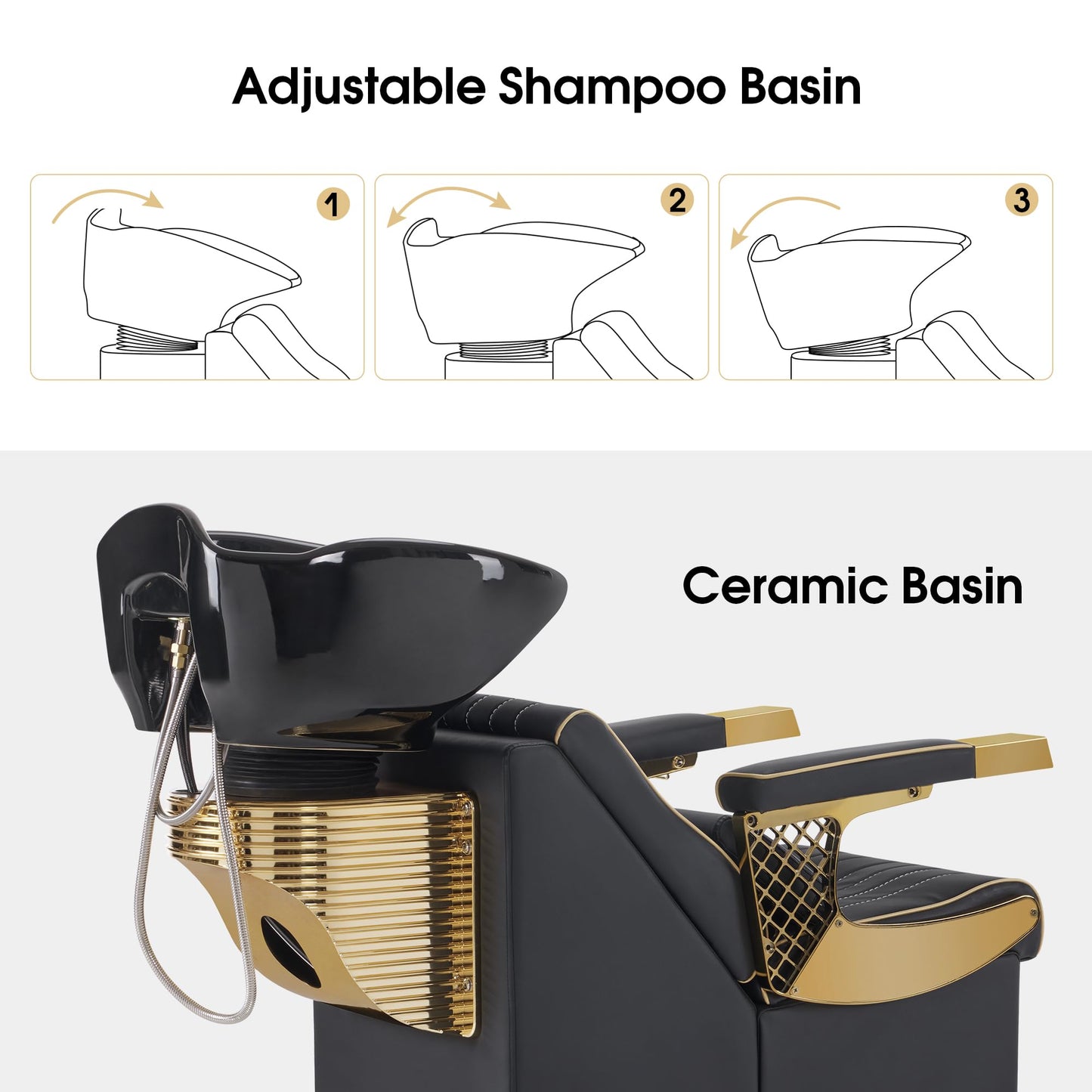 BarberPub Backwash Shampoo Station Chair and Bowl Unit, Porcelain Ceramic Basin Sink, Black&Gold Shampoo Barber Chair with Vacuum Breaker for for Barbershop Beauty Spa Salon 8615 (Black)
