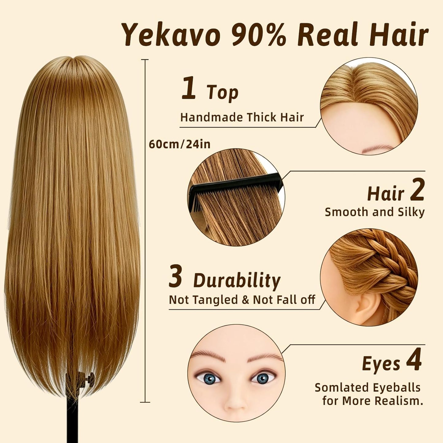Mannequin Head - 90% Human Hair Styling Head for Cosmetology | 24" Hairdressing Training Doll with Table Clamp (Gold B)