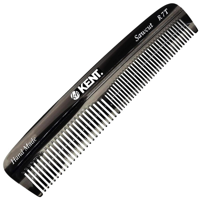 Kent R7T Black Graphite Double Tooth Hair Pocket Comb, Small Fine/Wide Tooth Comb For Grooming Styling Hair, Beard and Mustache, for Men, Women and Kids. Saw Cut and Hand Polished. Handmade in England